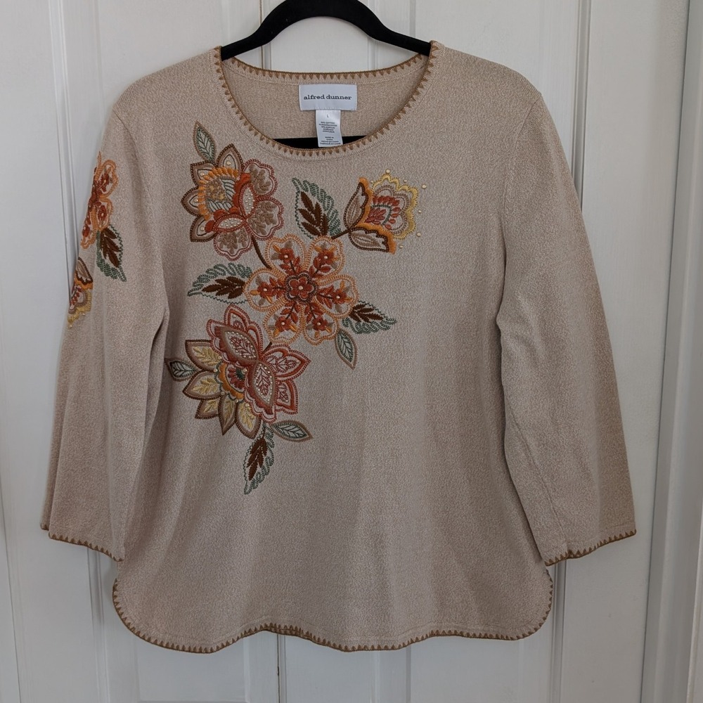 Asymmetrical Floral Embroidered Sweater LARGE Cottagecore Boho 3/4 Sleeve Women‎